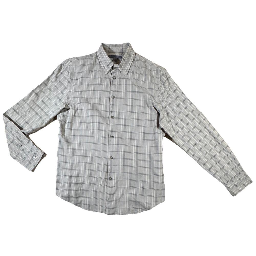 John Varvatos Mens Gray Plaid Long Sleeve Polo Shirt M